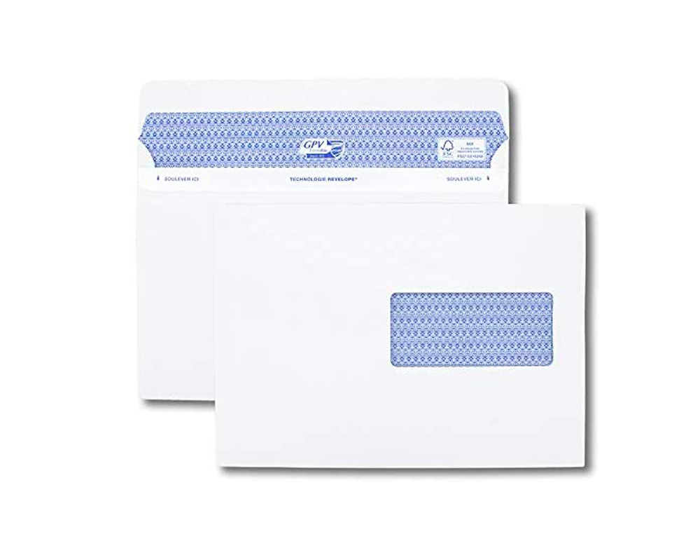 ENVELOPPE GPV C5 162X229MM 90G ADHSIVE FERMETURE RAPIDE SCURISE DFINITIVE FENTRE 45X100MM BLANCHE BOTE 500 UNITS