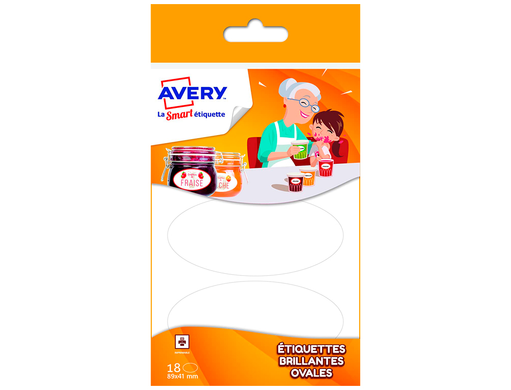 ÉTIQUETTE AVERY ADHÉSIVE OVALE 41X89MM PERMANENTE IMPRIMABLE BRILLANTE COLORIS BLANC BOÎTE 18 UNITÉS