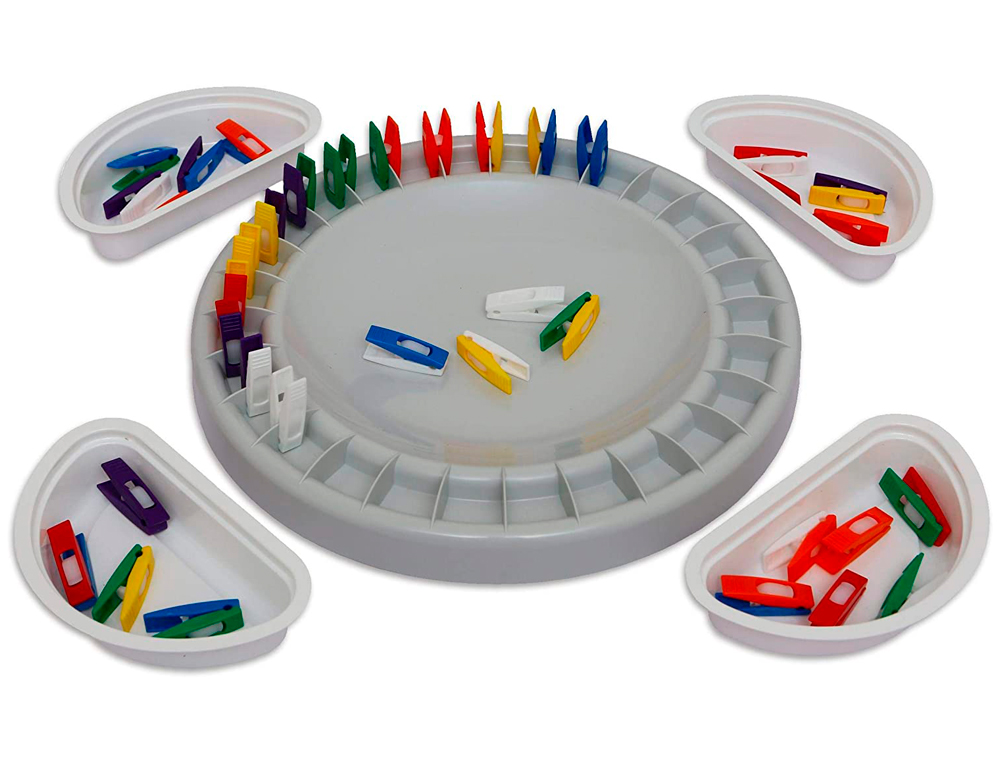 JEU DOMINO PDAGOGIQUE COMPOSITION PLATEAU CIRCULAIRE 28CM 28 MINI-PINCES 4CM 4 BACS ADAPT 4 ENFANTS DS 3 ANS