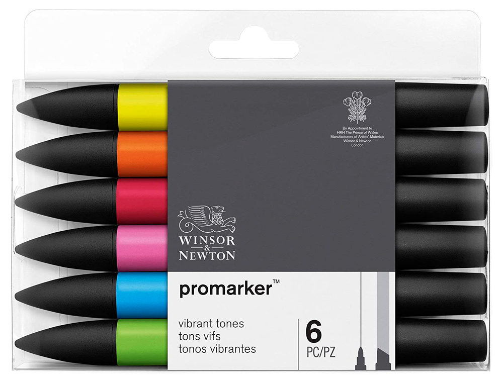 MARQUEUR PROFESSIONNEL W&N PROMARKER DOUBLE POINTE TONS VIBRANTS JAUNE MANDARINE PAVOT CERISE CYAN VERT VIF SET 6 UNITÉS