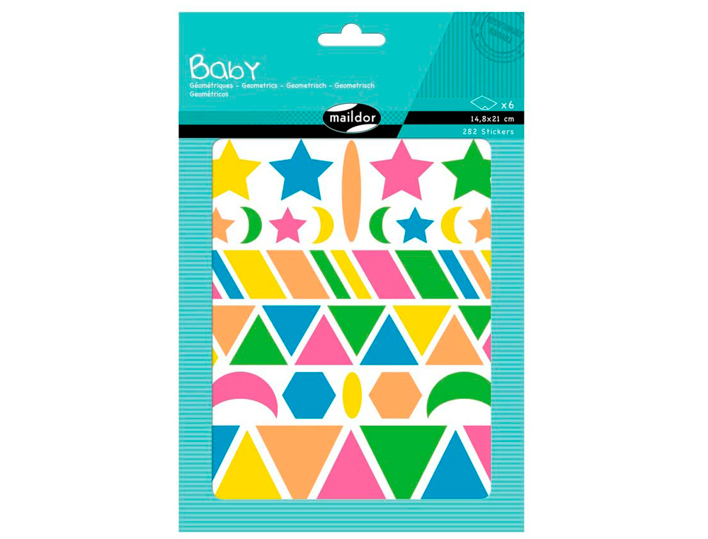 GOMMETTE MAXI MAILDOR BABY FORMES GOMTRIQUES REPOSITIONNABLE 148X210MM COLORIS FLUO 6 PLANCHES 282 UNITS