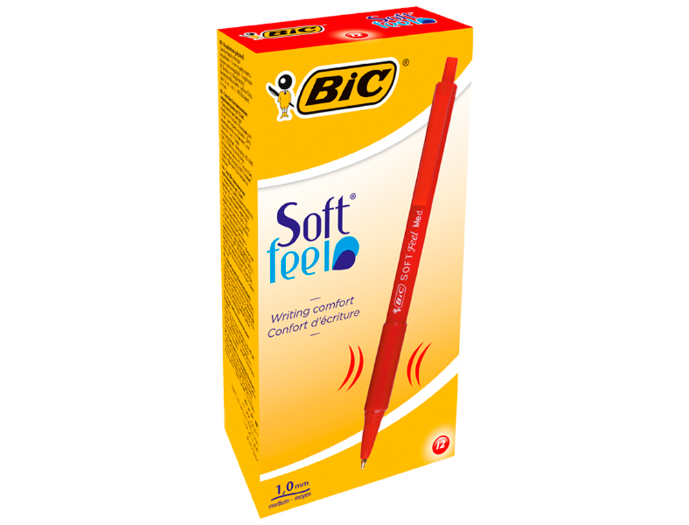 STYLO-BILLE BIC SOFT FEEL POINTE MOYENNE 1MM RTRACTABLE CLIP GRIP CORPS CAOUTCHOUC COULEUR ROUGE