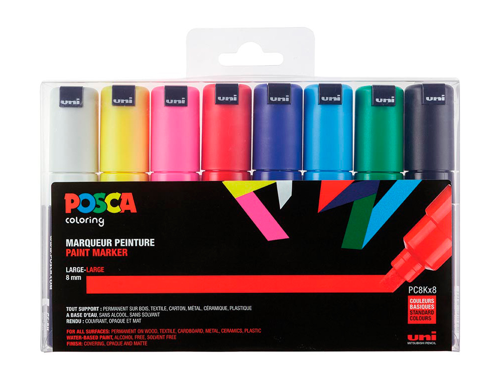 MARQUEUR POSCA PC8K GOUACHE ENCRE INODORE TOUTES SURFACES POINTE LARGE BISEAUTÉE ASSORTIMENT ÉTUI 8 UNITÉS