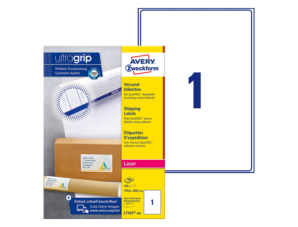 TIQUETTE ADHSIVE AVERY LASER OPAQUE TRS BLANCHE 199.6X289.1MM BOTE 100 UNITS