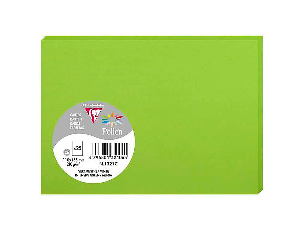 PAPIER CORRESPONDANCE CLAIREFONTAINE COULEURS POLLEN 210G/M2 110X155MM COLORIS VERT MENTHE PAQUET 25 FEUILLES