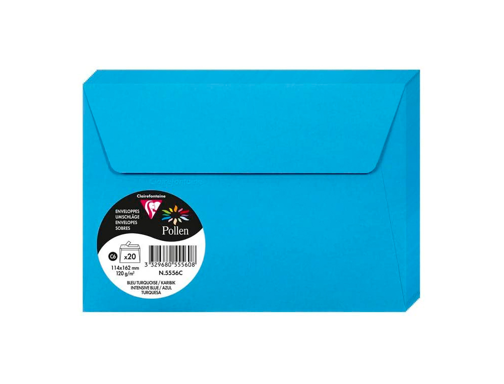 ENVELOPPE CLAIREFONTAINE POLLEN C6 114X162MM 120G COLORIS BLEU TURQUOISE PAQUET 20 UNITS