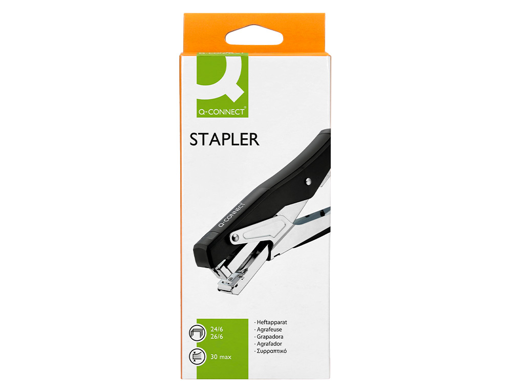 PINCE  AGRAFER Q-CONNECT ERGONOMIQUE 75X25X175MM 25F AGRAFES 24/6 ET 26/6 COLORIS CHROM/NOIR
