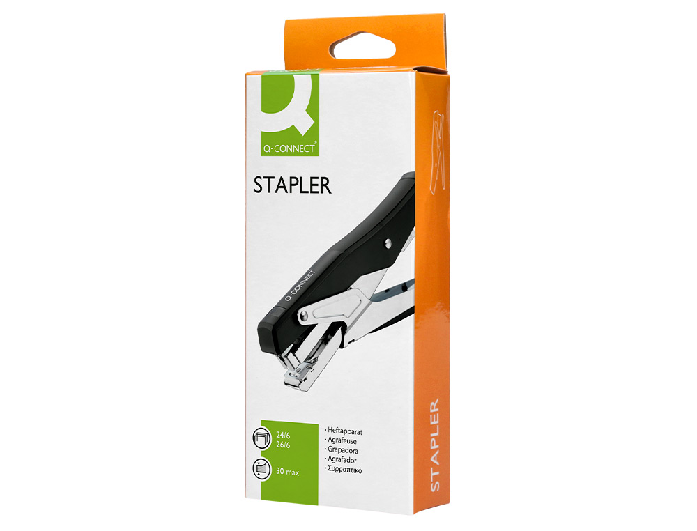 PINCE  AGRAFER Q-CONNECT ERGONOMIQUE 75X25X175MM 25F AGRAFES 24/6 ET 26/6 COLORIS CHROM/NOIR