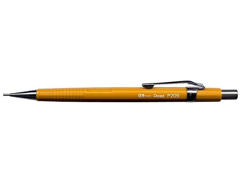 PORTE-MINE PENTEL P200 0.9MM EMBOUT ET AGRAFE MÉTALLIQUES CANON FIXE LONGUEUR 4 MM GOMME RECHARGEABLE CORPS JAUNE