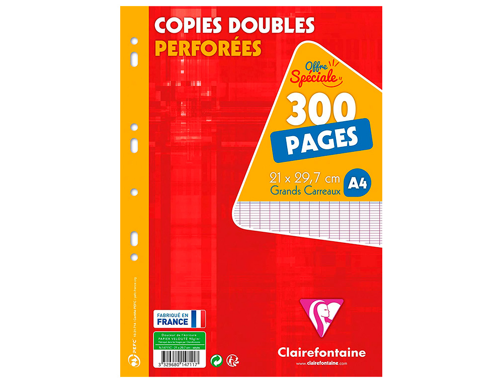 COPIE DOUBLE CLAIREFONTAINE A4 21X29,7CM PAPIER VELIN VELOUTE 300 PAGES 90G SEYES PERFOREES SOUS FILM COLORIS BLANC