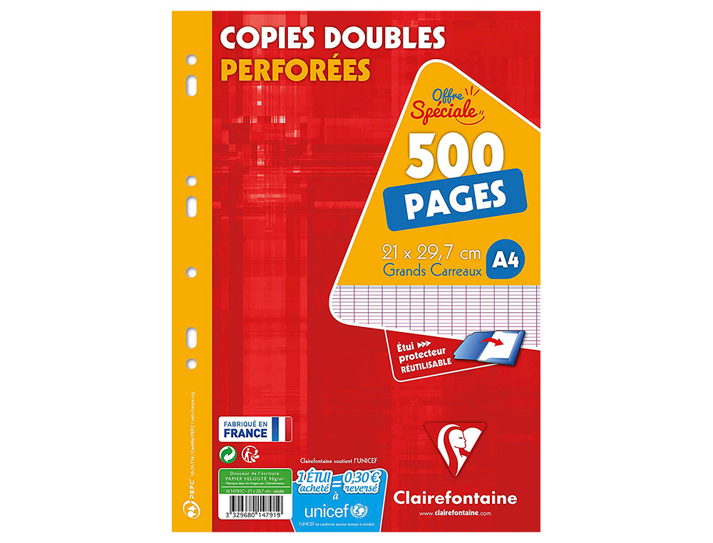 COPIE DOUBLE CLAIREFONTAINE A4 21X29,7CM PAPIER VELIN VELOUTE BLANC 500 PAGES 90G SEYES PERFOREES SOUS ETUI CARTONNE