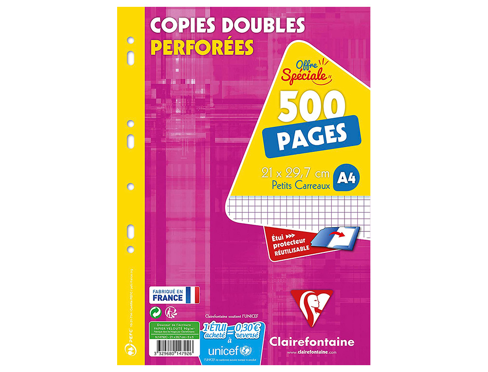 COPIE DOUBLE CLAIREFONTAINE A4 21X29,7CM PAPIER VELIN VELOUTE BLANC 500 PAGES 90G 5X5MM PERFOREES SOUS ETUI CARTONNE