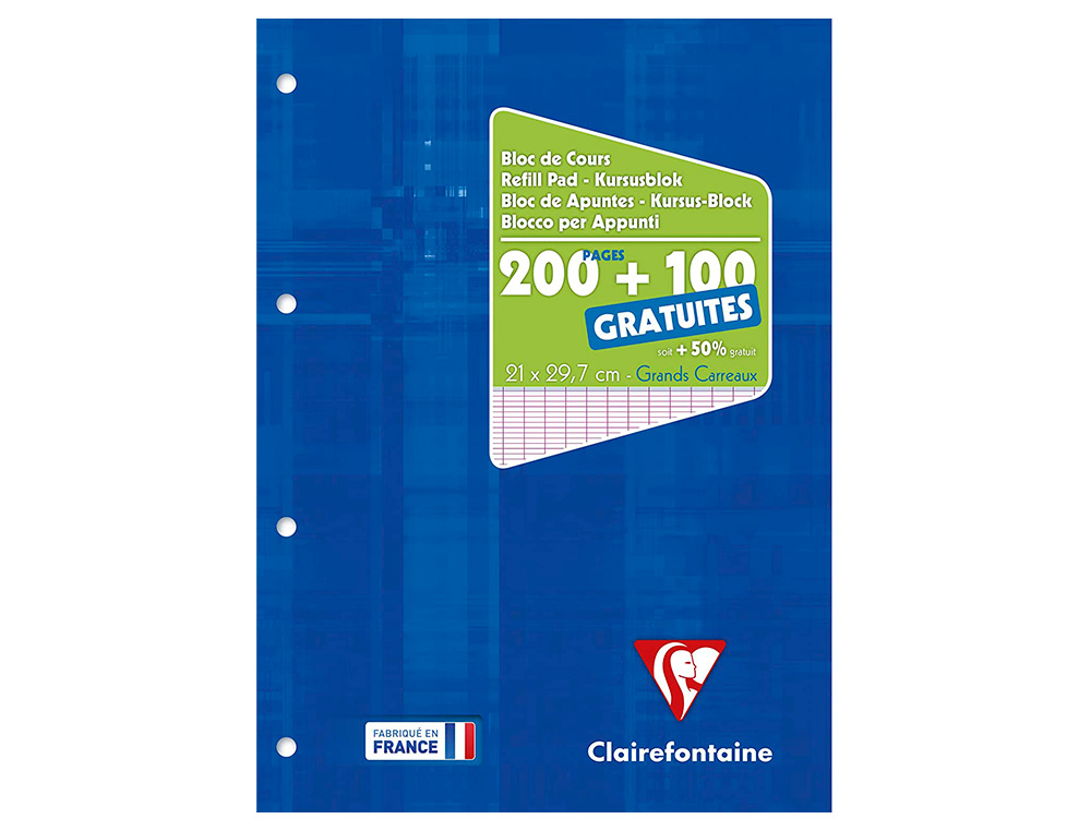 BLOC COURS CLAIREFONTAINE A4 21X29,7CM 200 PAGES ENCOLLEES DETACHABLES + 100 GRATUITES PAPIER VELOUTE 90G SEYES 4 TROUS