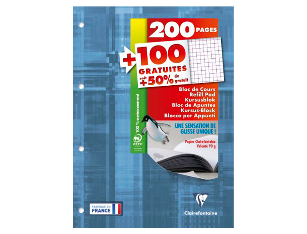 BLOC COURS CLAIREFONTAINE A4 21X29,7CM 200 PAGES ENCOLLEES DETACHABLES + 100 GRATUITES PAPIER VELOUTE 90G 5X5MM 4 TROUS