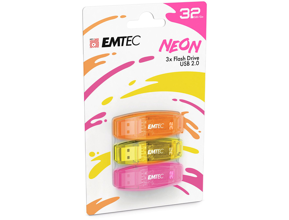 CLE USB EMTEC 2.0 C410 TRIO 32GB PACK 3 COLORIS NEON      ORANGE JAUNE ROSE