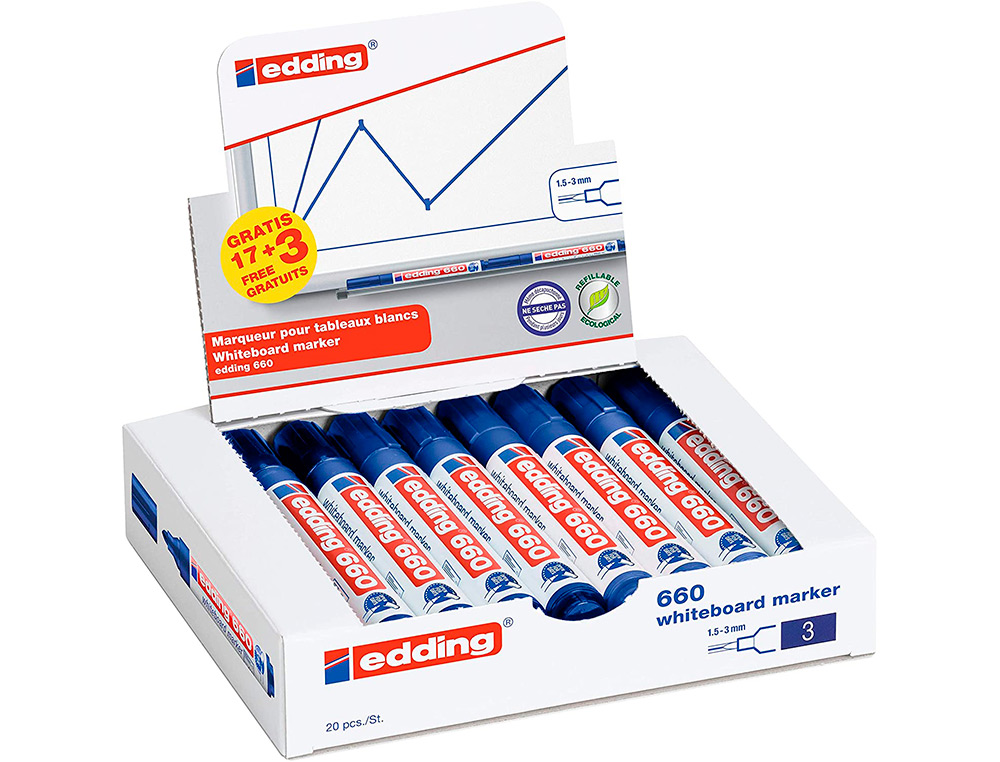 MARQUEUR EDDING E-660 TABLEAUX BLANCS EFFACABLE A   SEC POINTE MOYENNE TRACE      1,5/3MM BLEU PACK 17 + 3