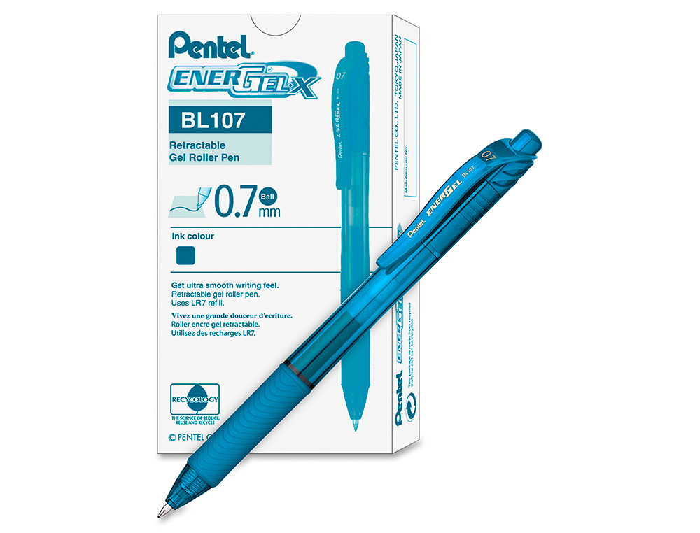 ROLLER PENTEL ENERGEL RETRACTABLE RECHARGEABLE      ENCRE DOUCE FLUIDE POINTE METAL 0,7MM GRIP CONFORT BLEU CIEL