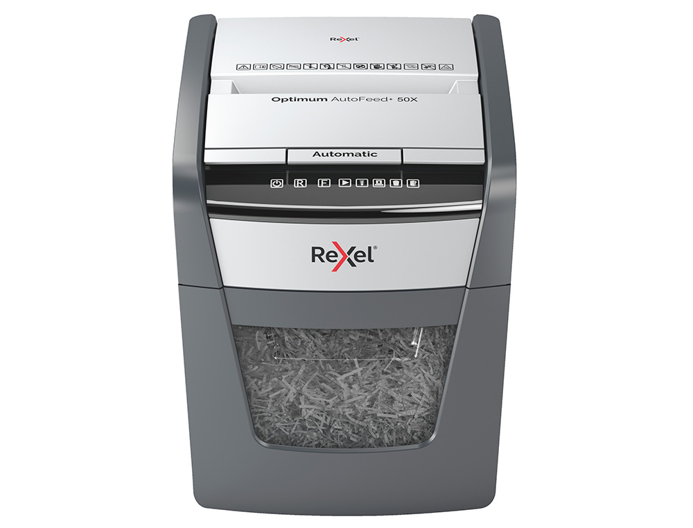 DESTRUCTEUR REXEL OPTIMUM AUTOFEED+ 50X COUPE CROISEE 4X28MM 50F CARTES CREDIT TROMBONES AGRAFES SECURITE 4