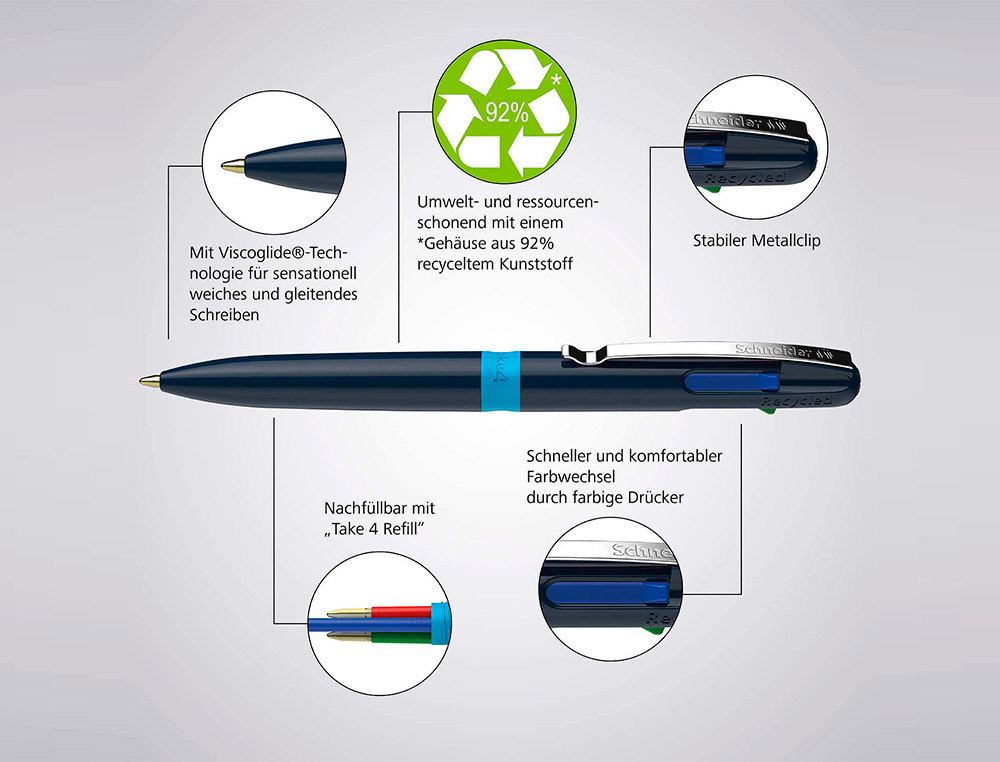 STYLO-BILLE 4 COULEURS SCHNEIDER TAKE 4 MEDIUM       VISCOGLIDE RECHARGEABLE CLIP  METAL CORPS PLASTIQUE RECYCLE