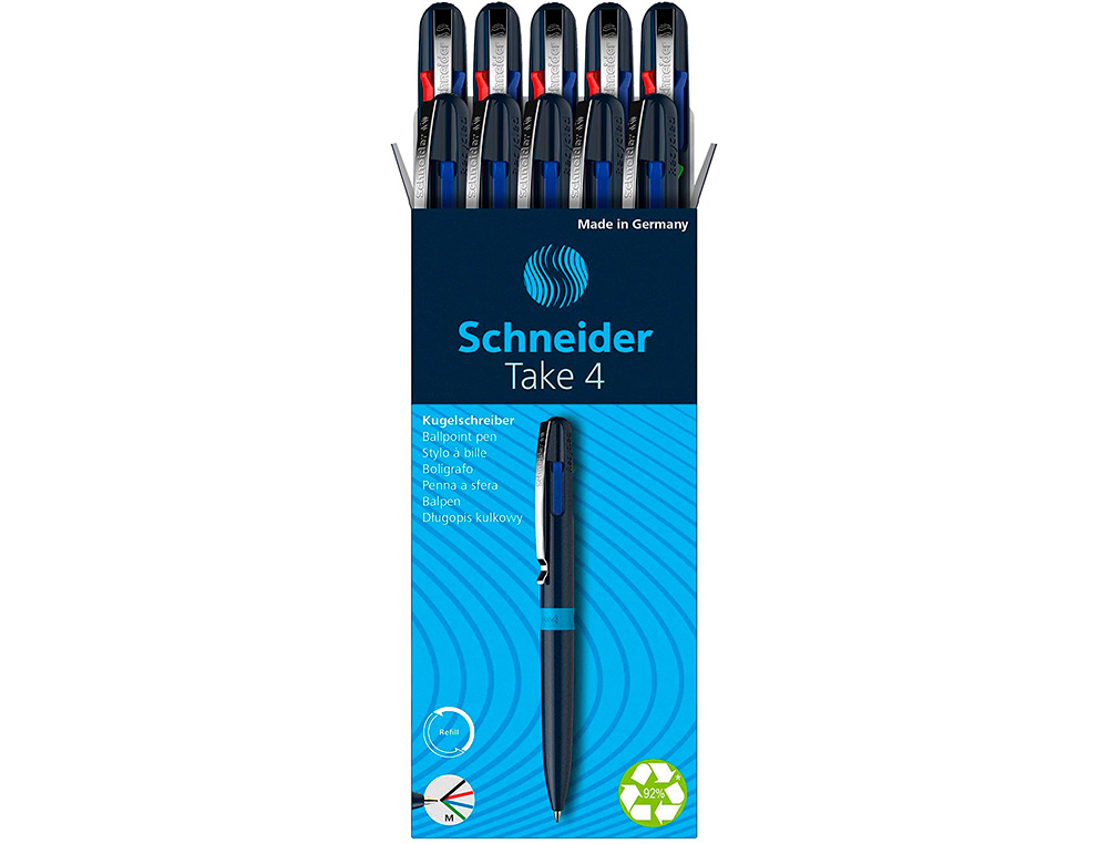STYLO-BILLE 4 COULEURS SCHNEIDER TAKE 4 MEDIUM       VISCOGLIDE RECHARGEABLE CLIP  METAL CORPS PLASTIQUE RECYCLE
