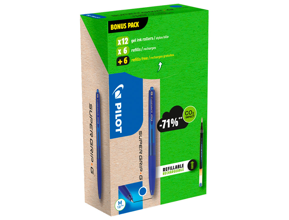 PACK PILOT SUPERGRIP G RT 12 STYLOS-BILLE POINTE MOYENNE 12 RECHARGES DONT 6 OFFERTES COLORIS BLEU