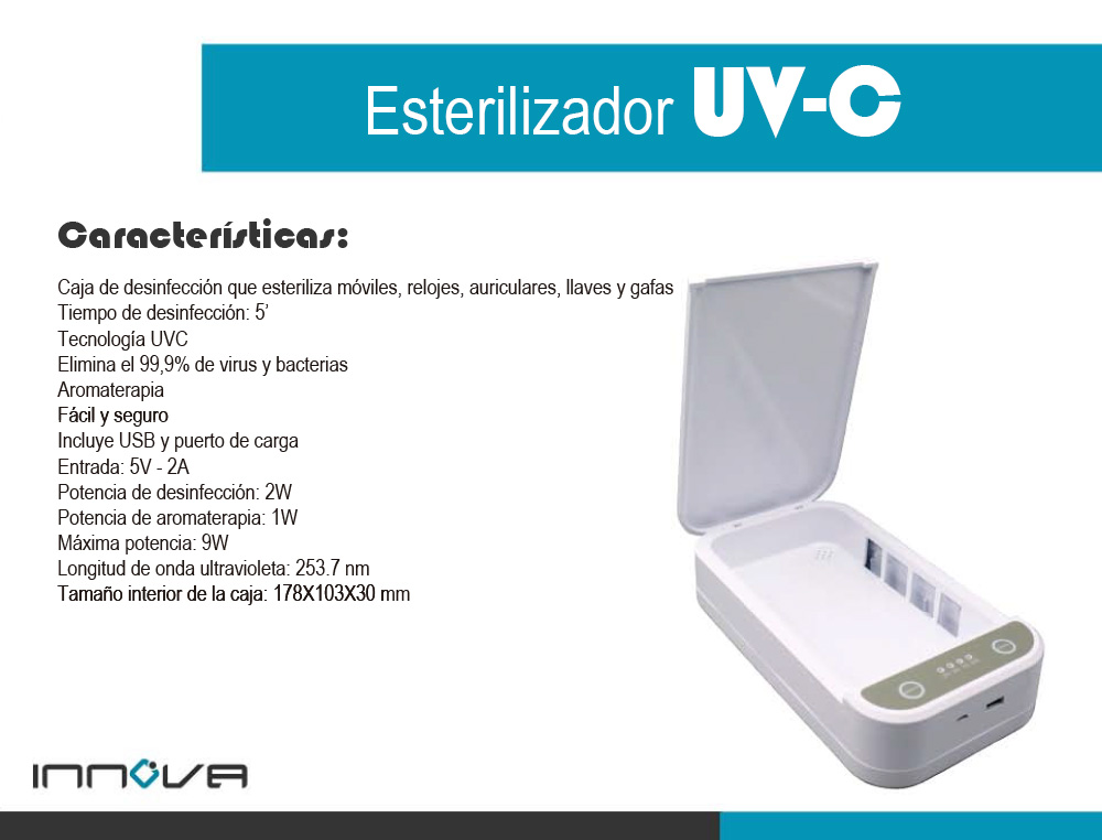 BOITIER DE STERILISATION UVC INNOVA DETRUIT                MICRO-ORGANISMES ET BACTERIES POUR PORTABLES CLES LUNETTES