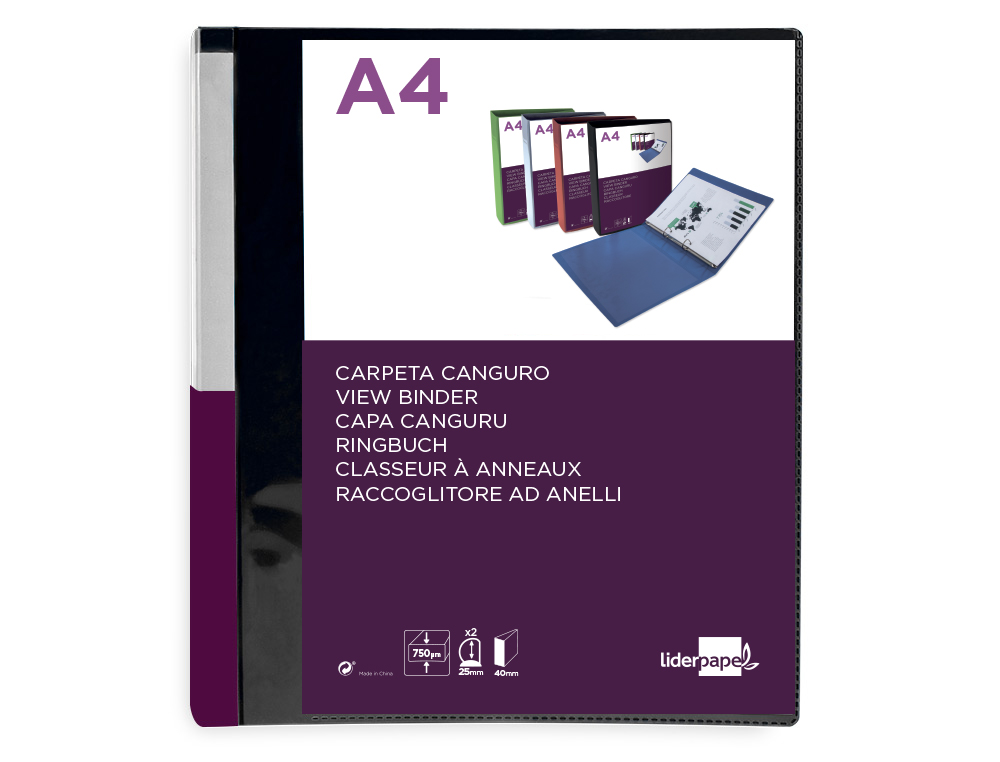 CLASSEUR KANGOUROU LIDERPAPEL 2 ANNEAUX EN D 25MM           POLYPROPYLENE 283X320MM       DOCUMENT A4 COLORIS NOIR