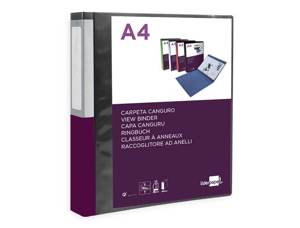 CLASSEUR KANGOUROU LIDERPAPEL 2 ANNEAUX EN D 25MM           POLYPROPYLENE 283X320MM       DOCUMENT A4 COLORIS NOIR