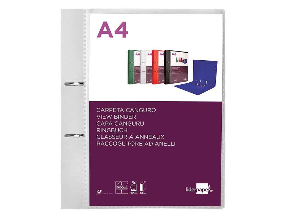 CLASSEUR KANGOUROU LIDERPAPEL 2 ANNEAUX EN D 40MM           POLYPROPYLENE 283X320MM       DOCUMENT A4 COLORIS