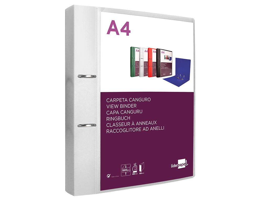CLASSEUR KANGOUROU LIDERPAPEL 2 ANNEAUX EN D 40MM           POLYPROPYLENE 283X320MM       DOCUMENT A4 COLORIS