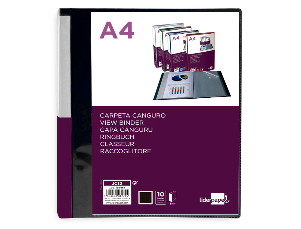 PROTEGE-DOCUMENTS LIDERPAPEL PERSONNALISABLE KANGOUROU POLYPROPYLENE 10 POCHETTES FIXES A4 COLORIS NOIR OPAQUE