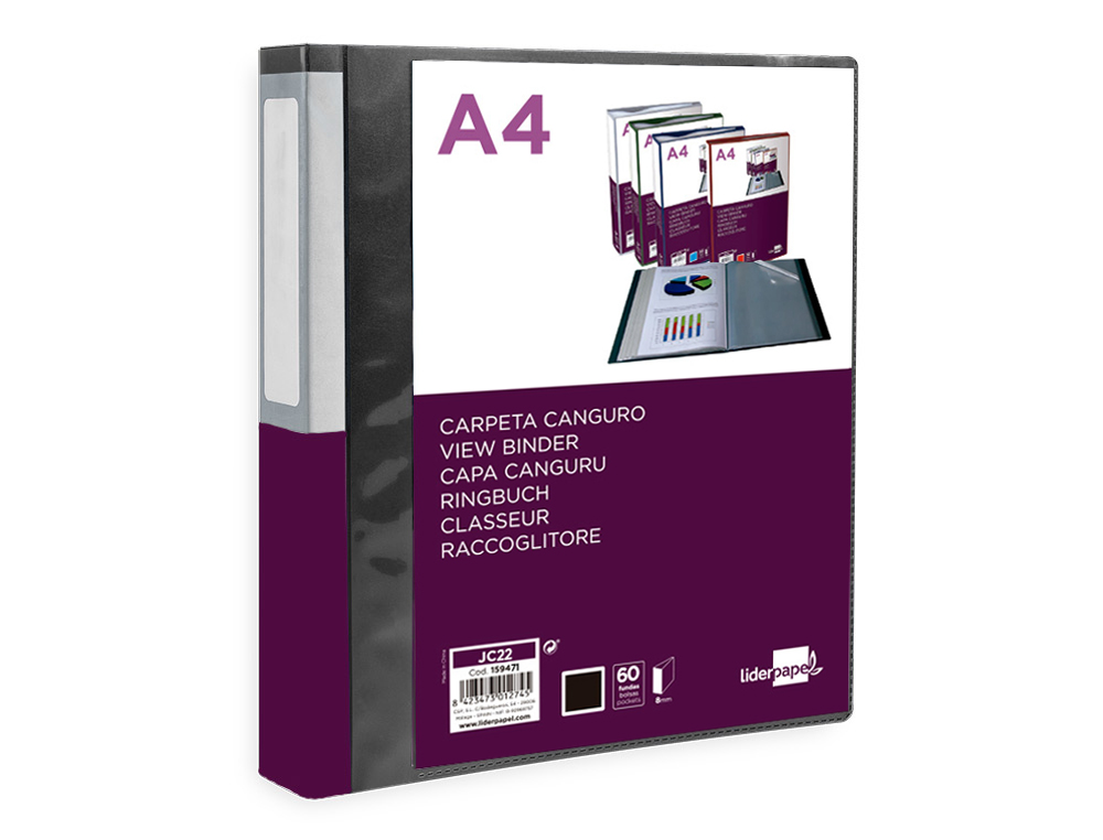 PROTEGE-DOCUMENTS LIDERPAPEL PERSONNALISABLE KANGOUROU POLYPROPYLENE 60 POCHETTES FIXES A4 COLORIS NOIR OPAQUE