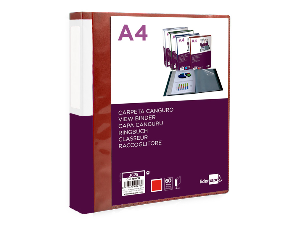 PROTEGE-DOCUMENTS LIDERPAPEL PERSONNALISABLE KANGOUROU     POLYPROPYLENE 60 POCHETTES    FIXES A4 COLORIS ROUGE
