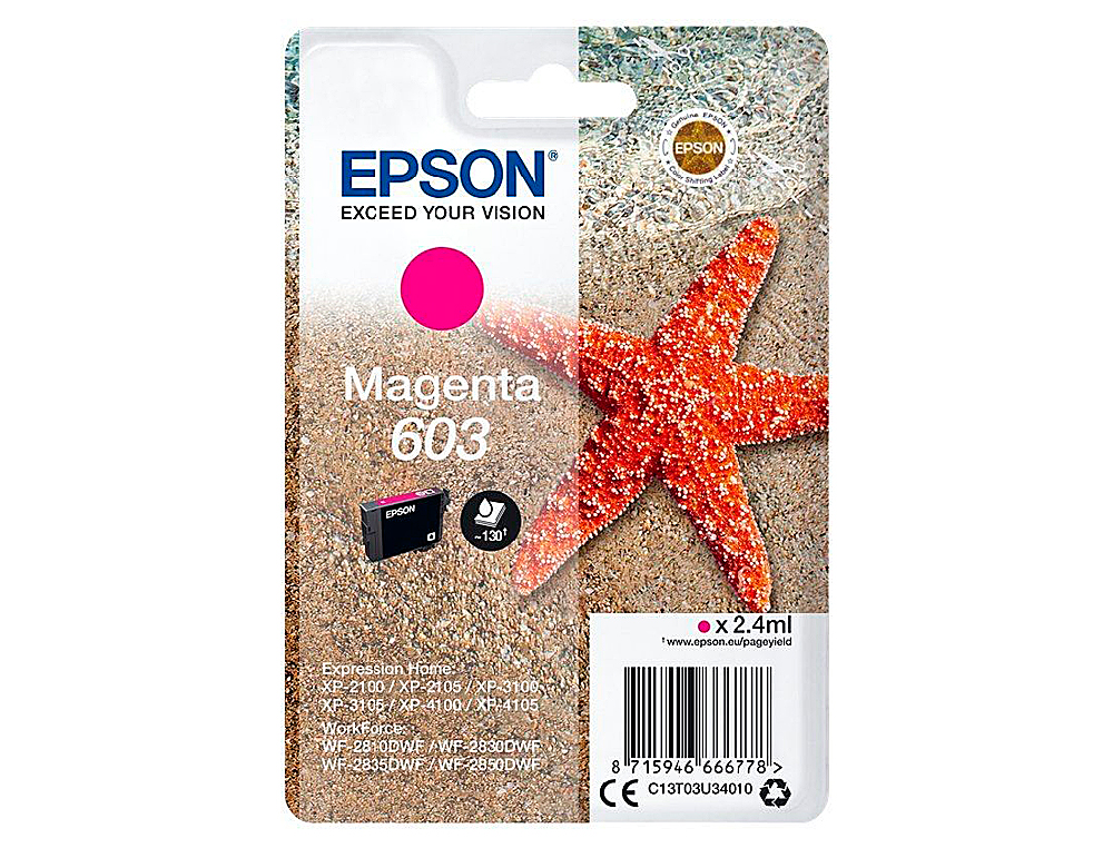 CARTOUCHE ENCRE EPSON  603 XP-2100 / 3100 / 4100 /       WF-2810 / 2830 / 2835 / 2850  COULEUR MAGENTA 130 PAGES