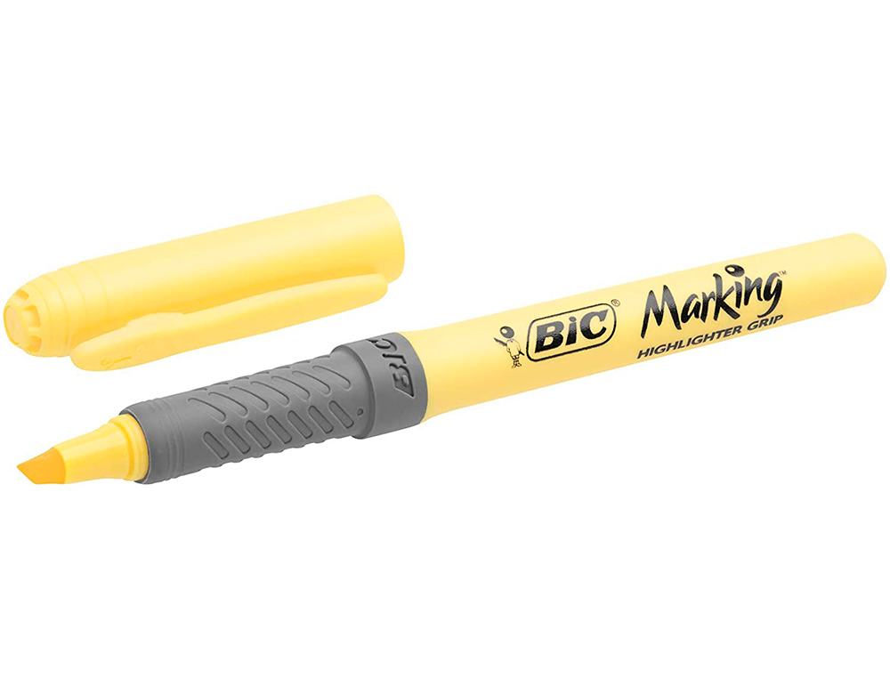 SURLIGNEUR BIC HIGHLIGHTER GRIP CAOUTCHOUC POINTE        MOYENNE BISEAUTEE COLORIS     JAUNE PASTEL