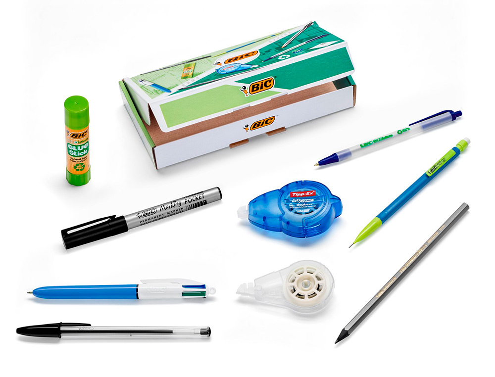 PACK BIC GREEN FLEXOFFICE 3 STYLOS 1 CRAYON 1 MARQUEUR ECO NOIR 1 RUBAN CORRECTEUR + RECHARGE 1 BATON DE COLLE ECO