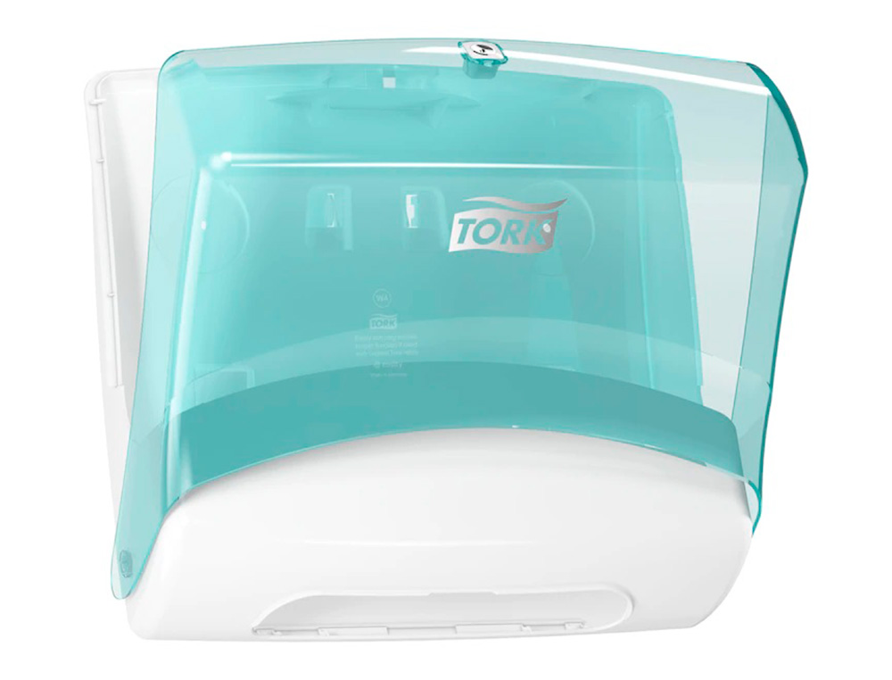 DISTRIBUTEUR TORK DE CHIFFONS PLIES W4 CAPOT TRANSPARENT    DISTRIBUTION F/F COLORIS      TURQUOISE/BLANC