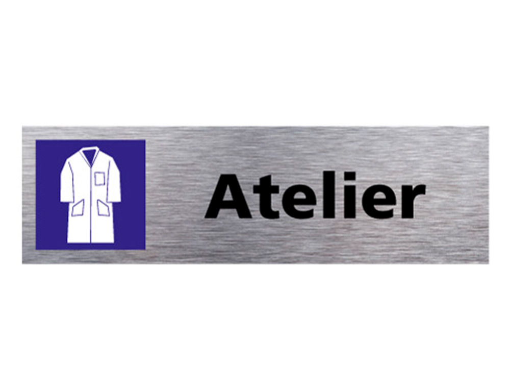 PLAQUE DE PORTE ATELIER SIGNALETIQUE BIZ PICTOGRAMME  EN ALUMINIUM BROSSE DOUBLE    FACE AUTOCOLLANT DOS 170X50MM