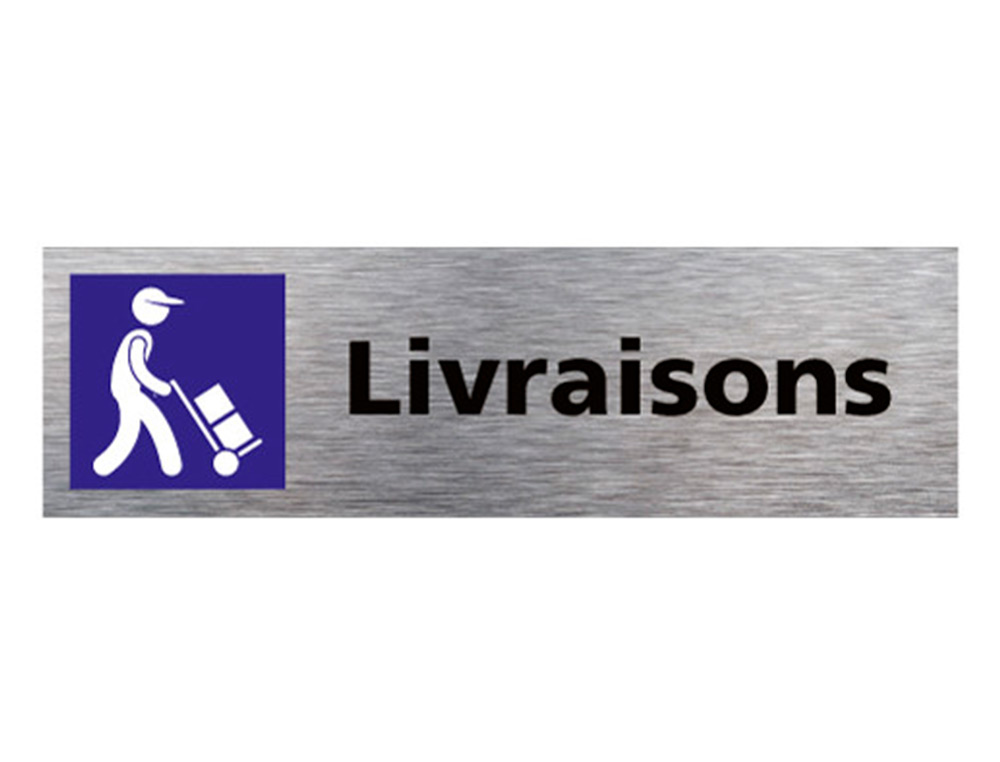 PLAQUE DE PORTE LIVRAISON SIGNALETIQUE BIZ PICTOGRAMME  EN ALUMINIUM BROSSE DOUBLE    FACE AUTOCOLLANT DOS 170X50MM
