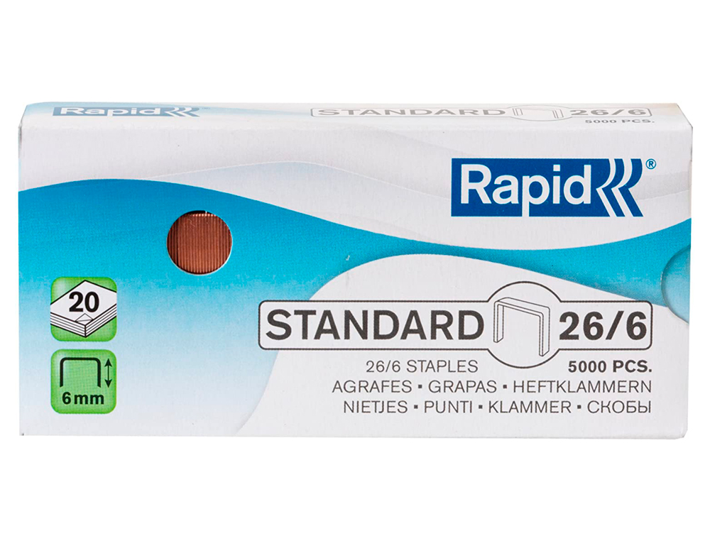 AGRAFE RAPID STANDARD 26/6 CUIVRÉE BOÎTE 5000 UNITÉS