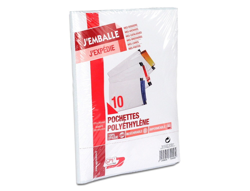 POCHETTE GPV POLYETHYLENE ADHESIVE 275X365 BLANC/NOIR   PAQUET DE 10
