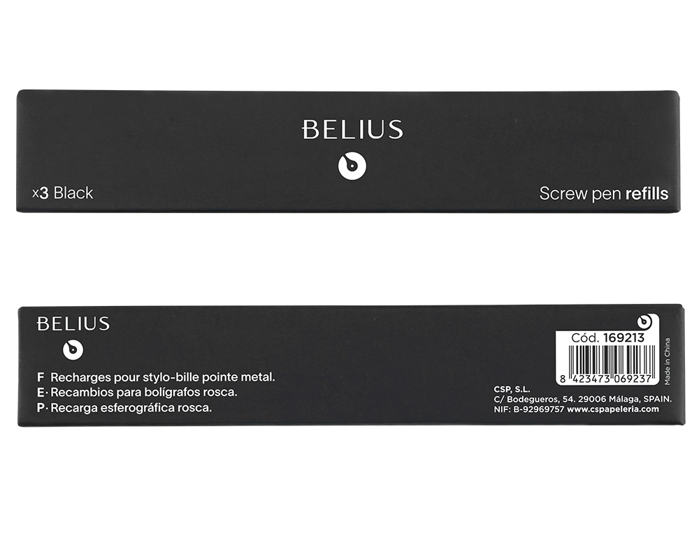 RECHARGE STYLO-BILLE BELIUS ENCRE COLORIS NOIRE BOITE 3   UNITES