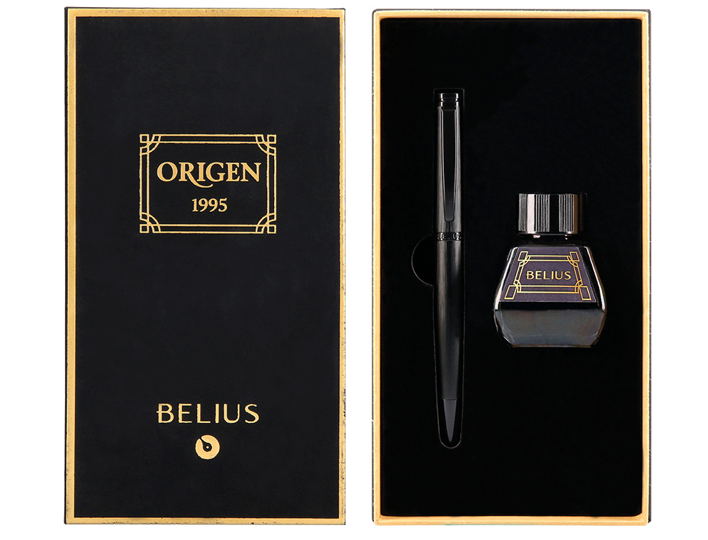 STYLO-PLUME ET FLACON D'ENCRE BELIUS ORIGEN ALUMINIUM       BROSSE ENCRE NOIRE COLORIS    NOIR DANS COFFRET CADEAU