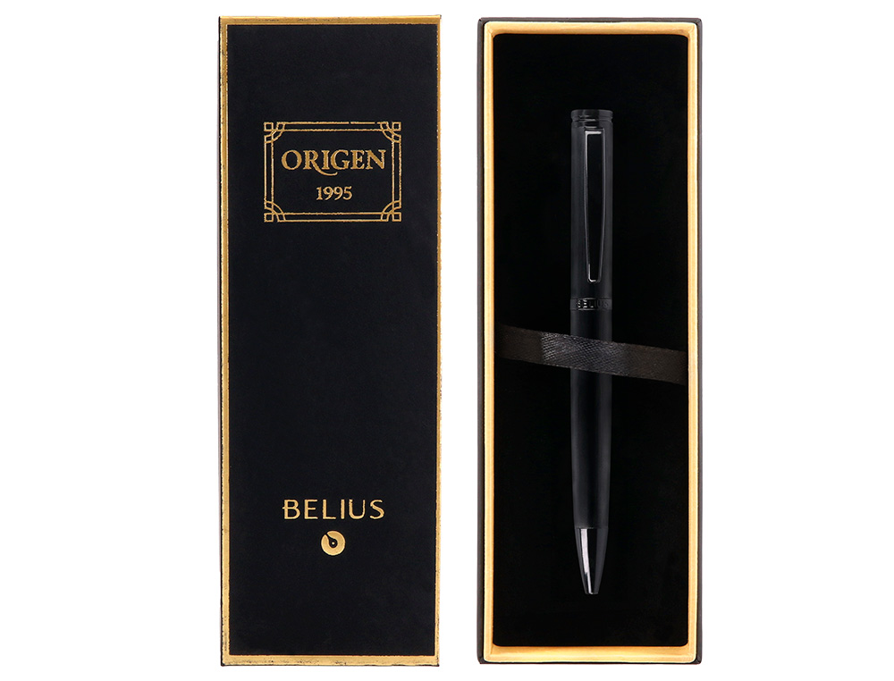 STYLO-BILLE BELIUS ORIGEN ALUMINIUM BROSSE ENCRE BLEUE  COLORIS NOIR DANS COFFRET     CADEAU