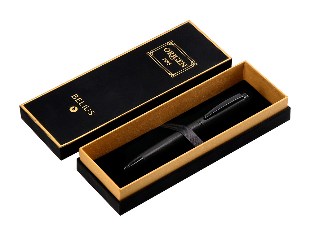 STYLO-BILLE BELIUS ORIGEN ALUMINIUM BROSSE ENCRE BLEUE  COLORIS NOIR DANS COFFRET     CADEAU