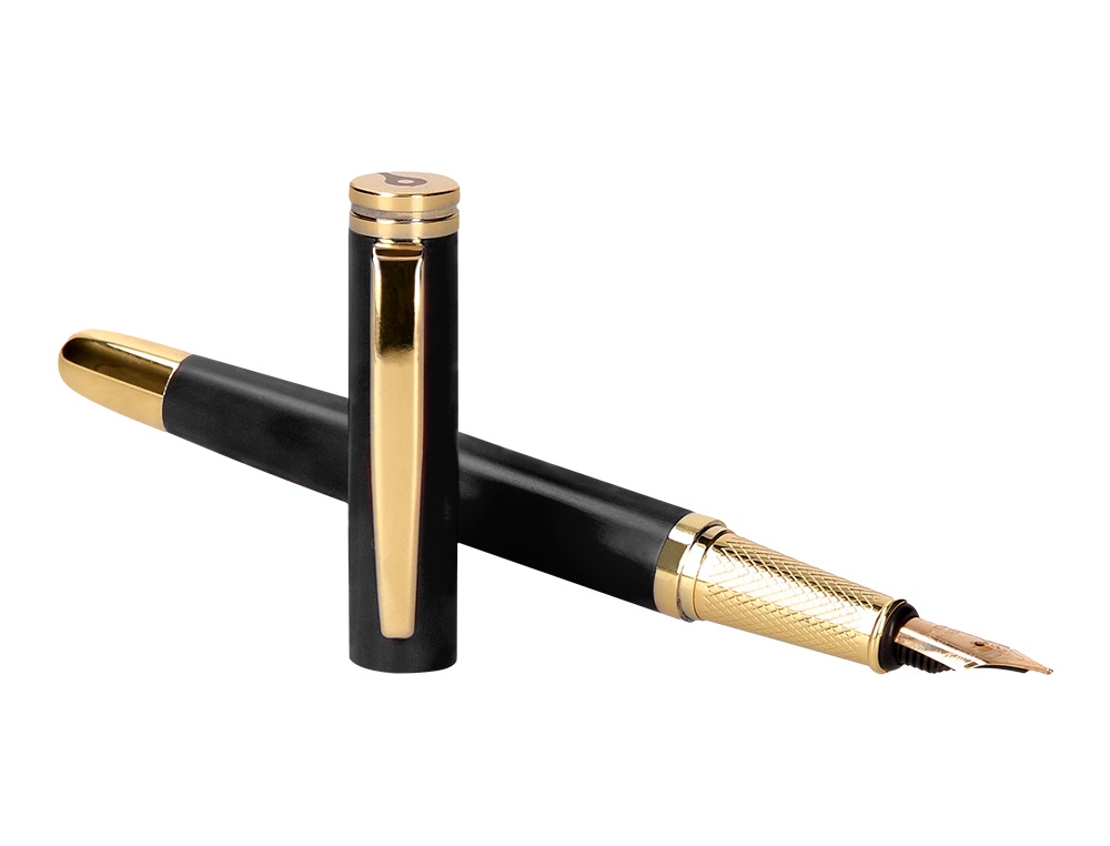 STYLO-PLUME ET ETUI EN SIMILI CUIR BELIUS PASSION ALUMINIUM BROSSE ATTRIBUTS OR ENCRE BLEUE COLORIS NOIR COFFRET CADEAU