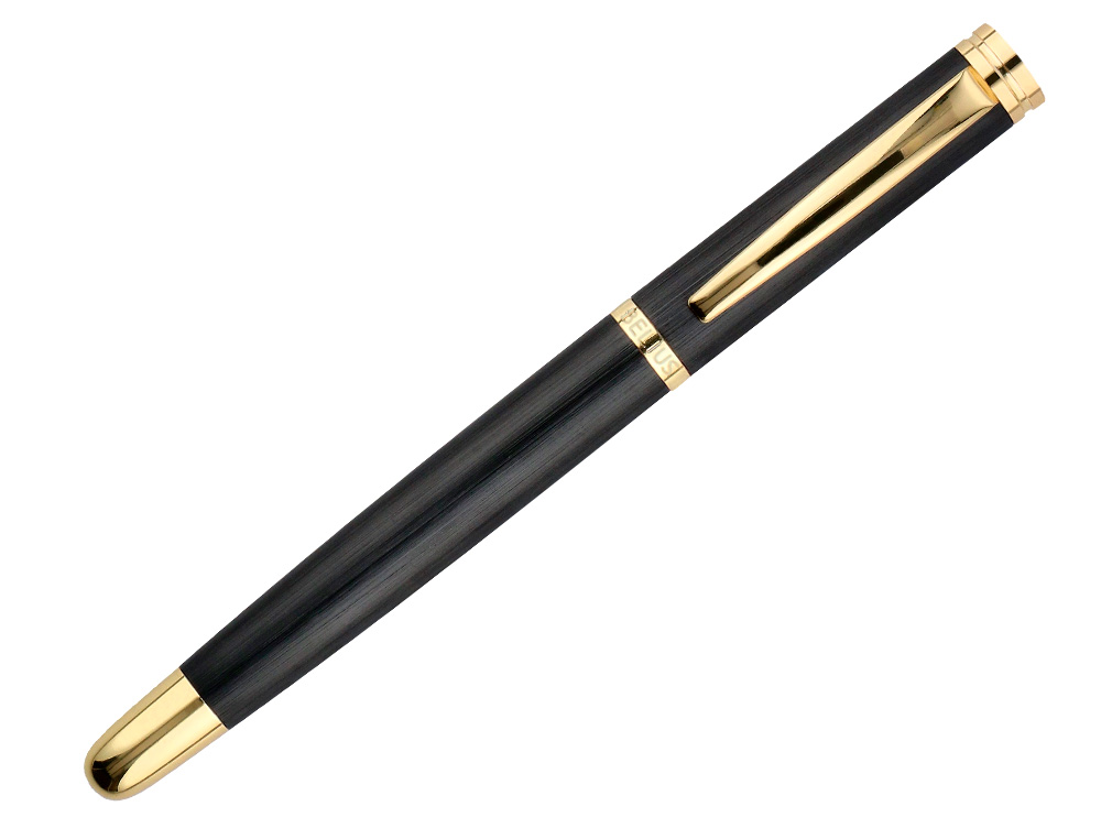 STYLO-PLUME ET ETUI EN SIMILI CUIR BELIUS PASSION ALUMINIUM BROSSE ATTRIBUTS OR ENCRE BLEUE COLORIS NOIR COFFRET CADEAU