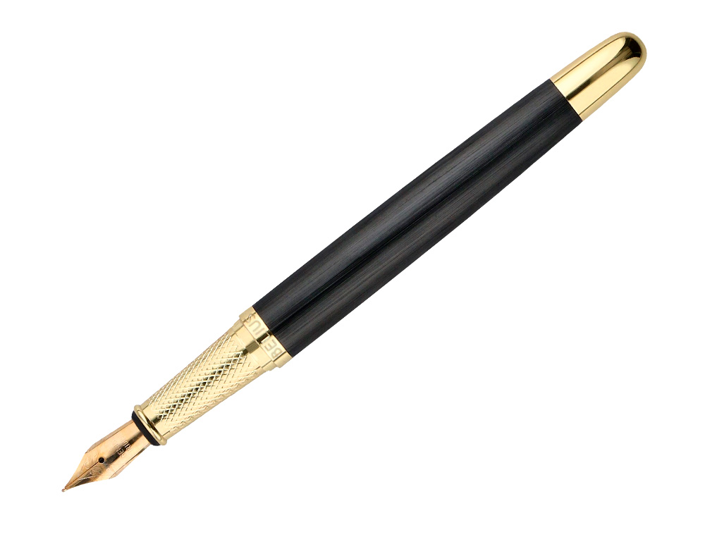 STYLO-PLUME ET ETUI EN SIMILI CUIR BELIUS PASSION ALUMINIUM BROSSE ATTRIBUTS OR ENCRE BLEUE COLORIS NOIR COFFRET CADEAU