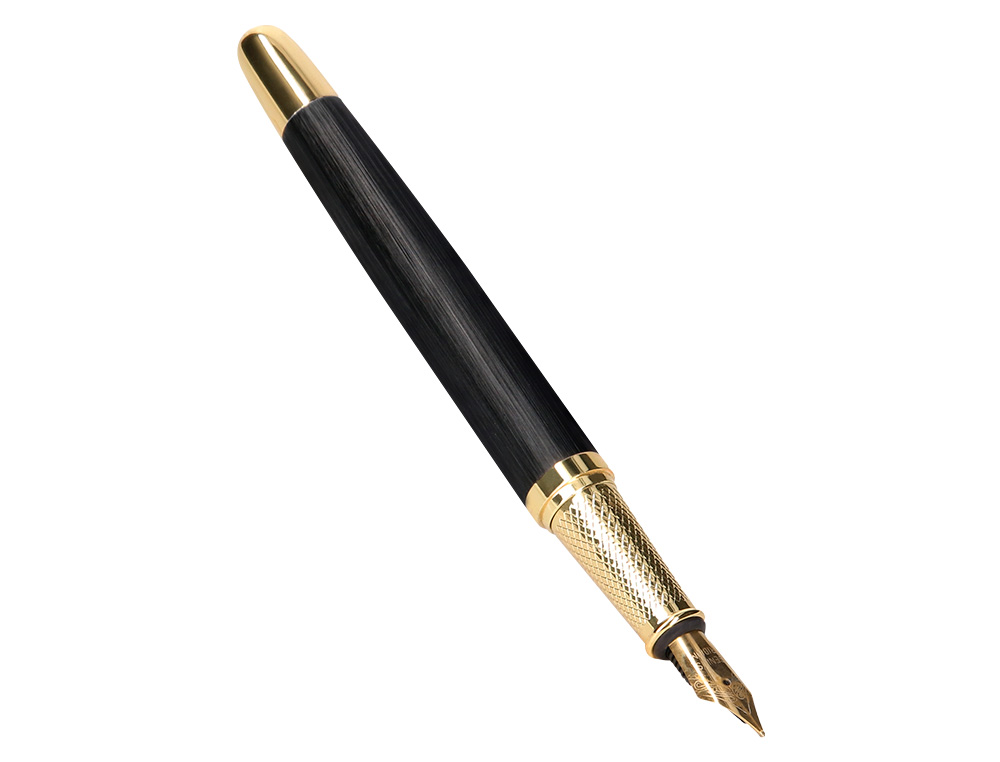 STYLO-PLUME ET ETUI EN SIMILI CUIR BELIUS PASSION ALUMINIUM BROSSE ATTRIBUTS OR ENCRE BLEUE COLORIS NOIR COFFRET CADEAU