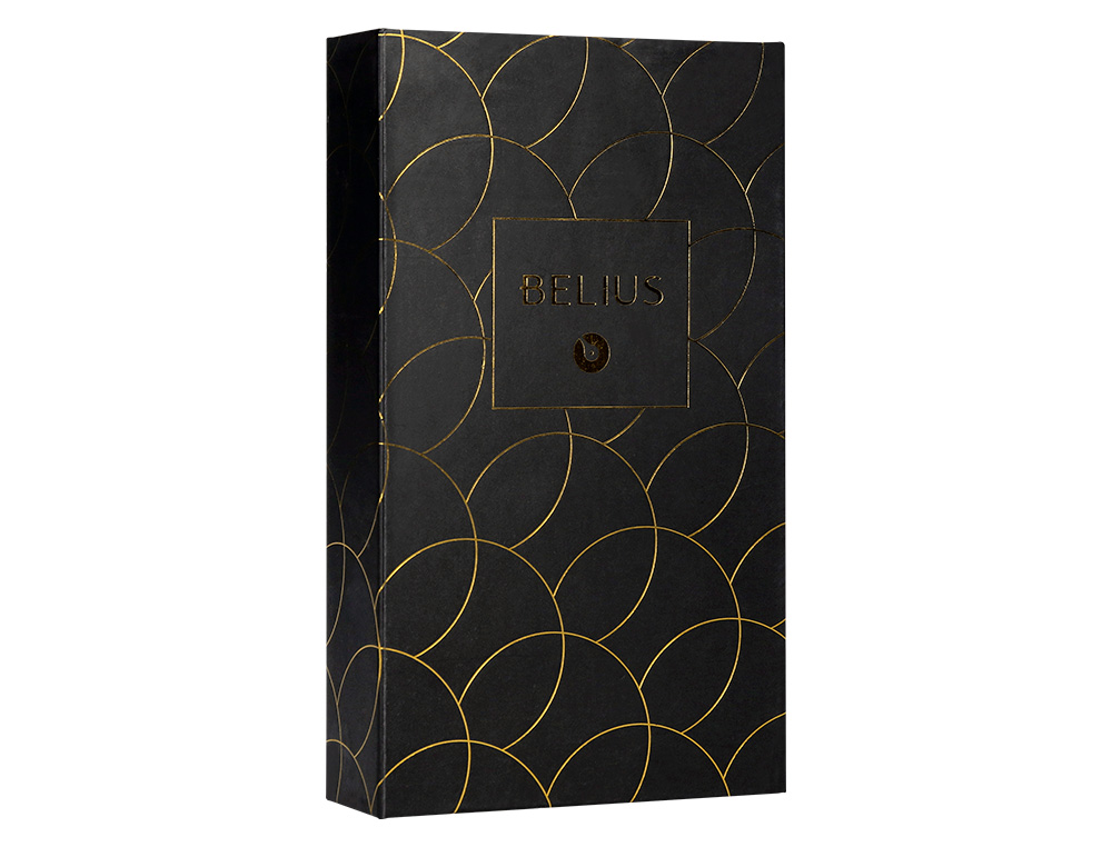 STYLO-PLUME ET ETUI EN SIMILI CUIR BELIUS PASSION ALUMINIUM BROSSE ATTRIBUTS OR ENCRE BLEUE COLORIS NOIR COFFRET CADEAU